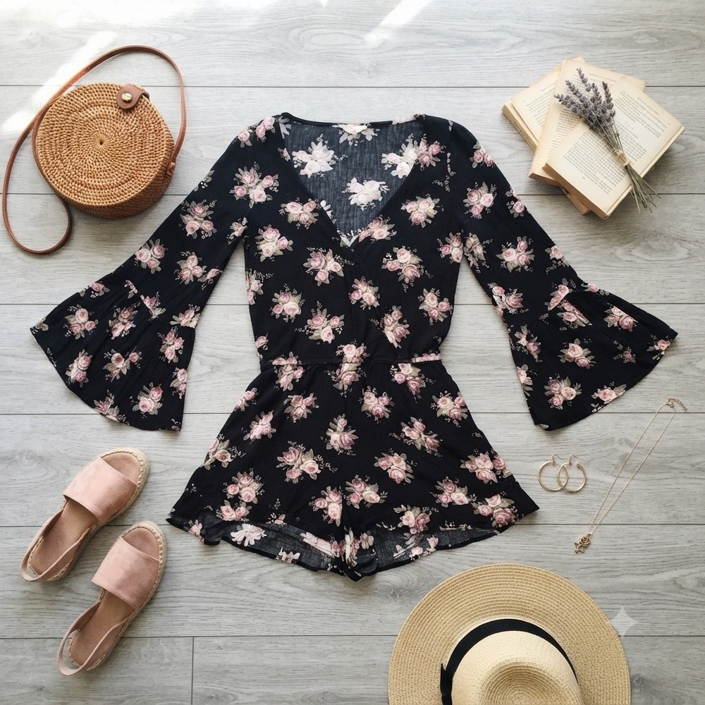 American Eagle Outfitters Floral Bell‎ Sleeve Romper Black Pink Rose Small